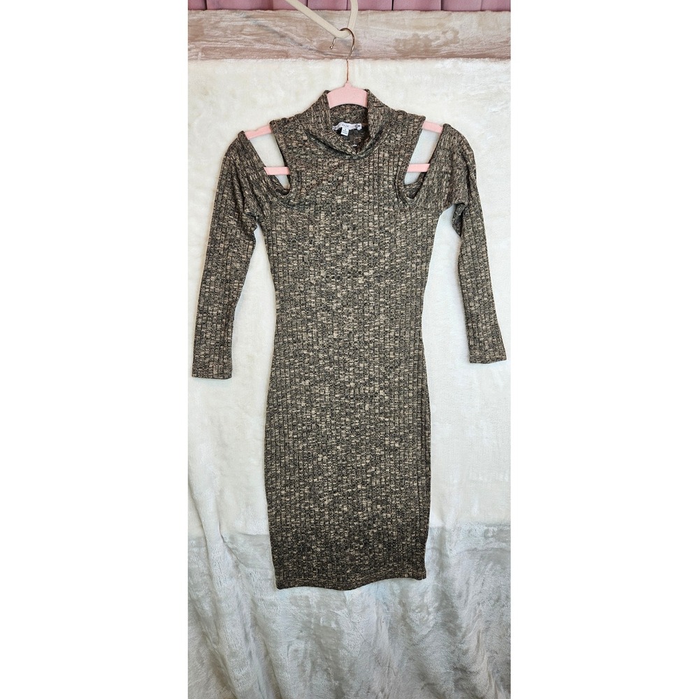 Iris Womens Brown Marled Ribbed Cold Shoulder Bodycon Mock Neck Mini Dress S